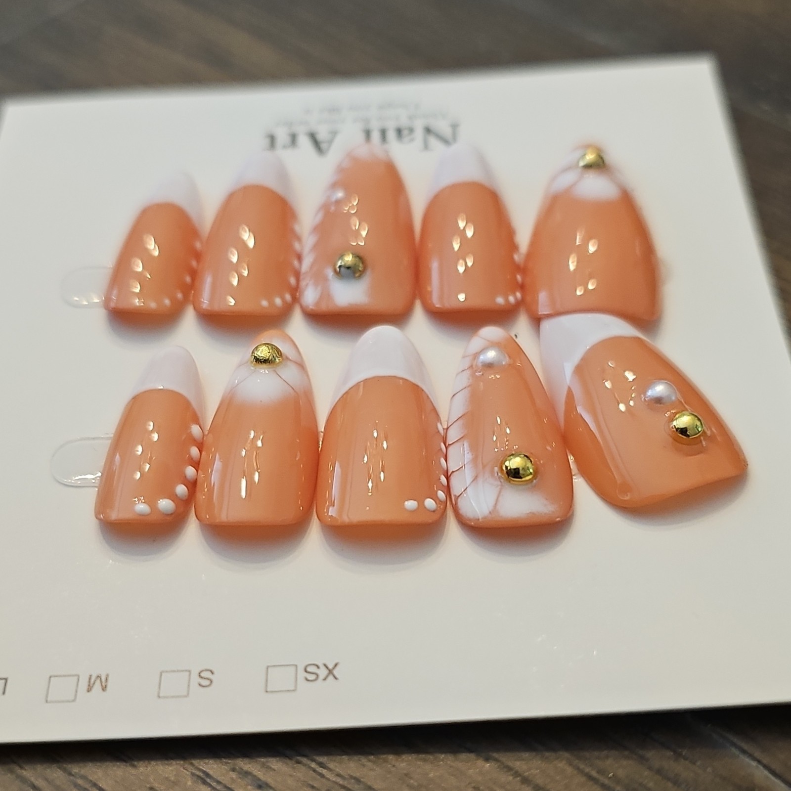 Press-On Nails Large, Medium Length Almond White French Floral