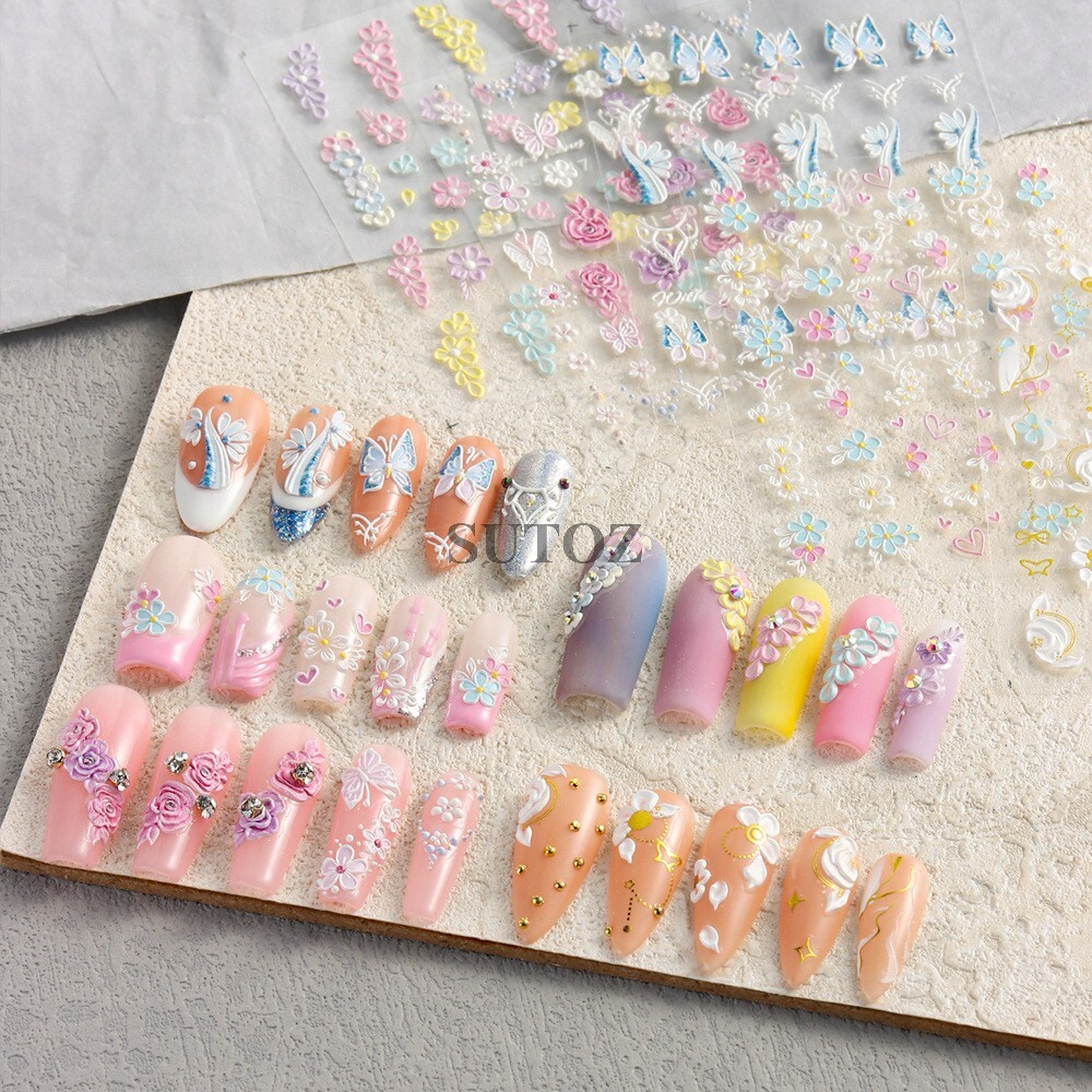 5D Embossed Daisy Rose Butterfly Camellia Flower Nail Art Stickers Self-adhesive