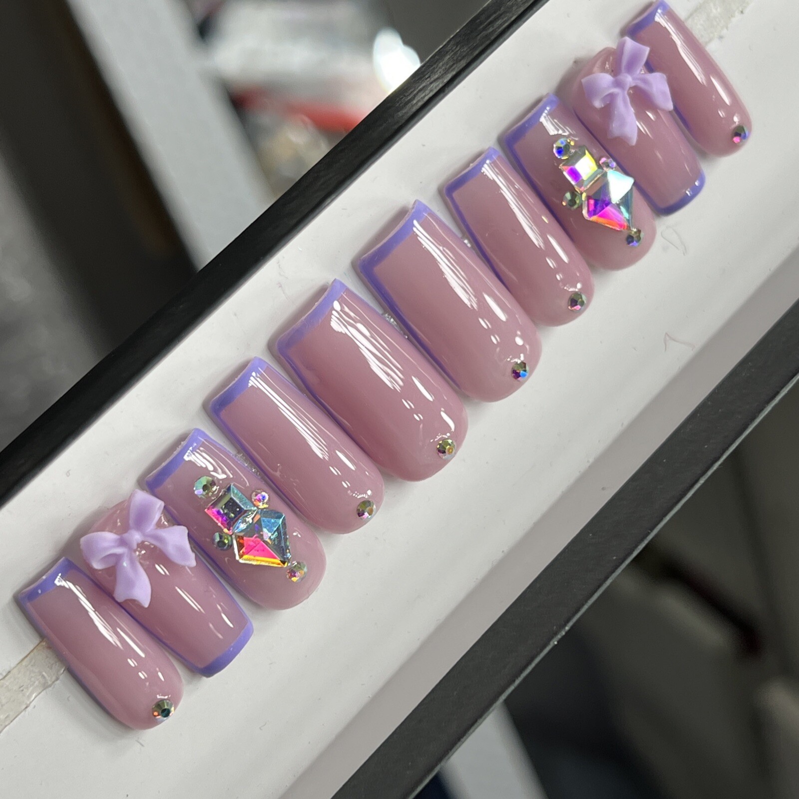 💜💎 CUSTOM Press On Nails FRENCH PURPLE BOW BLING Rhinestones 10p SET W Kit