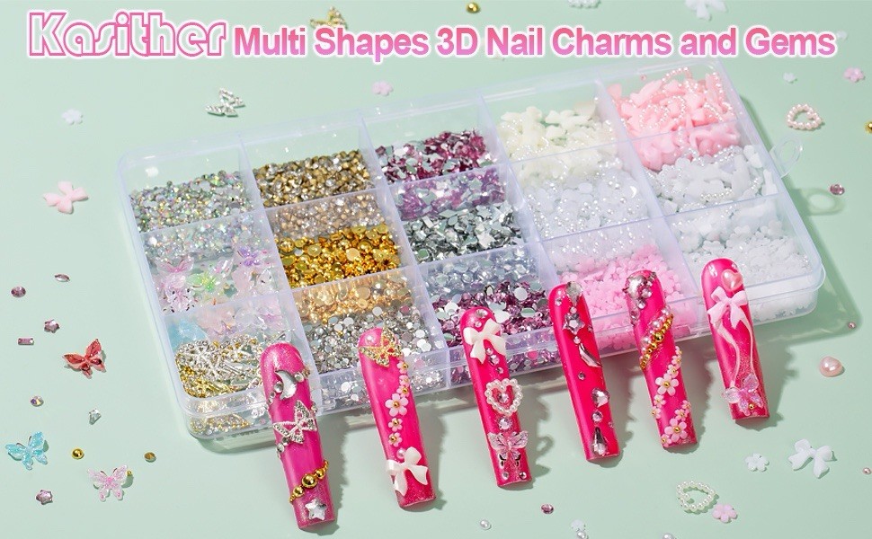 10000pcs Nail Charms And Gems, Pink Cute Bow Heart 3D Flower Charms