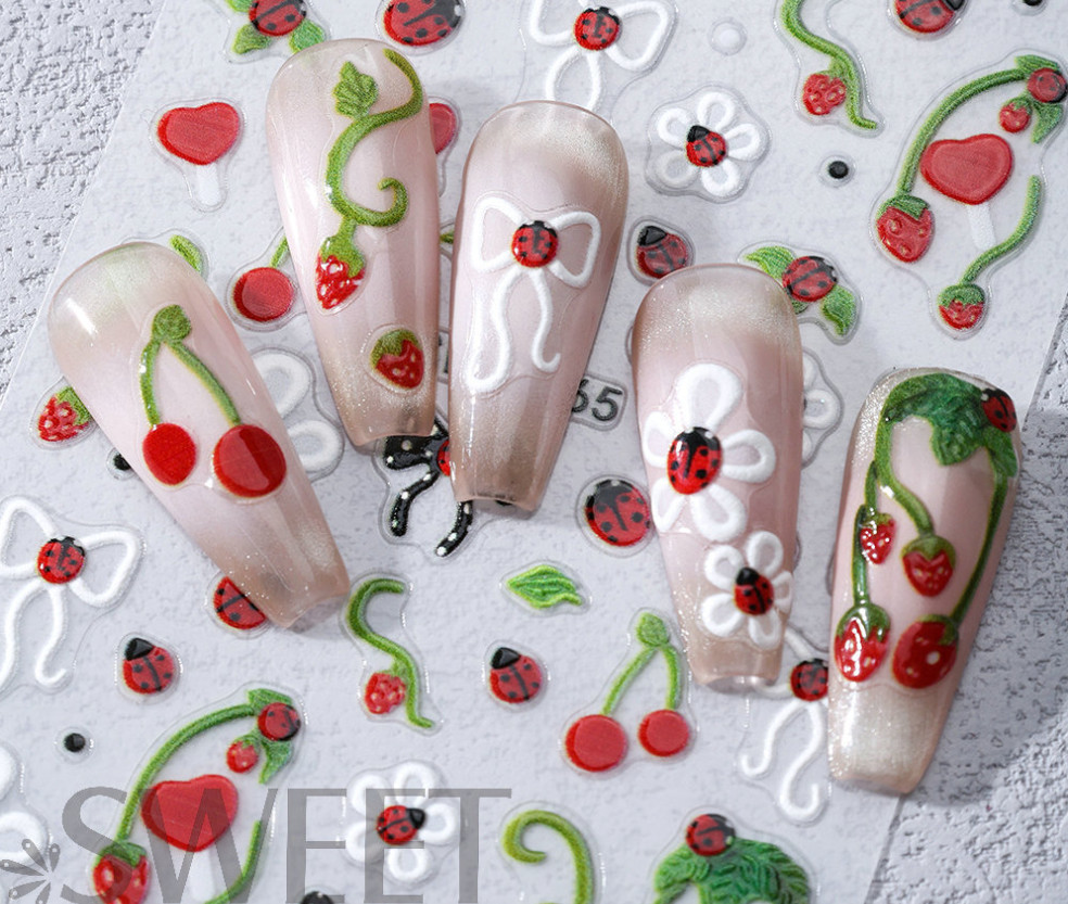Butterfly Flower Embossed Strawberry Hibiscus Bow Nail Art Stickers Decor NH29