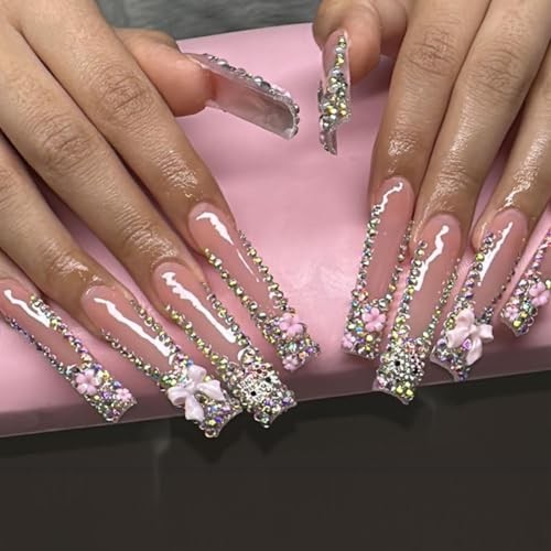 Press Nails Coffin French Tips with Design 3D Bow Flower Long Style-11