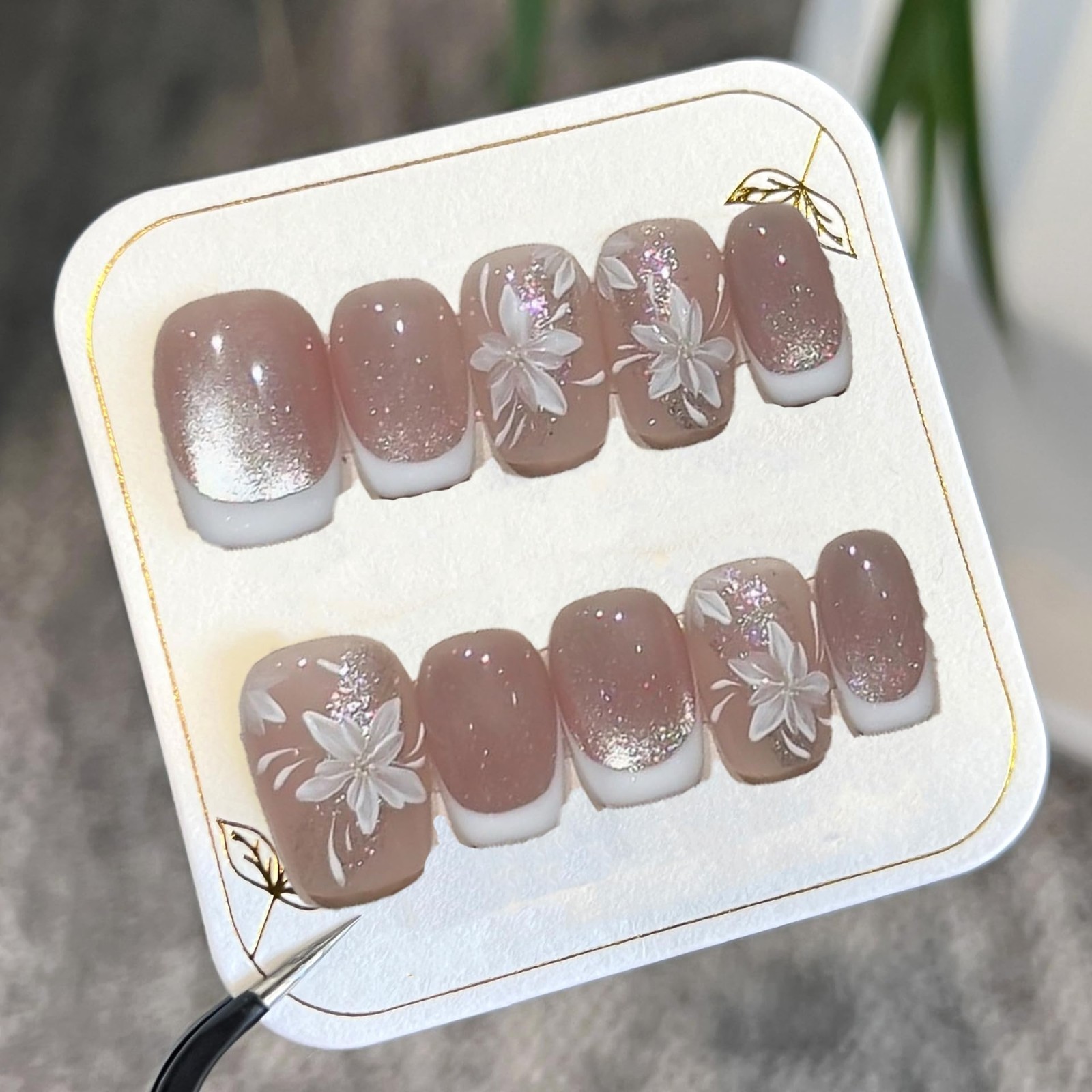 Handmade White French Press-On Nails Short Square with Flower Designs – Pink Spa