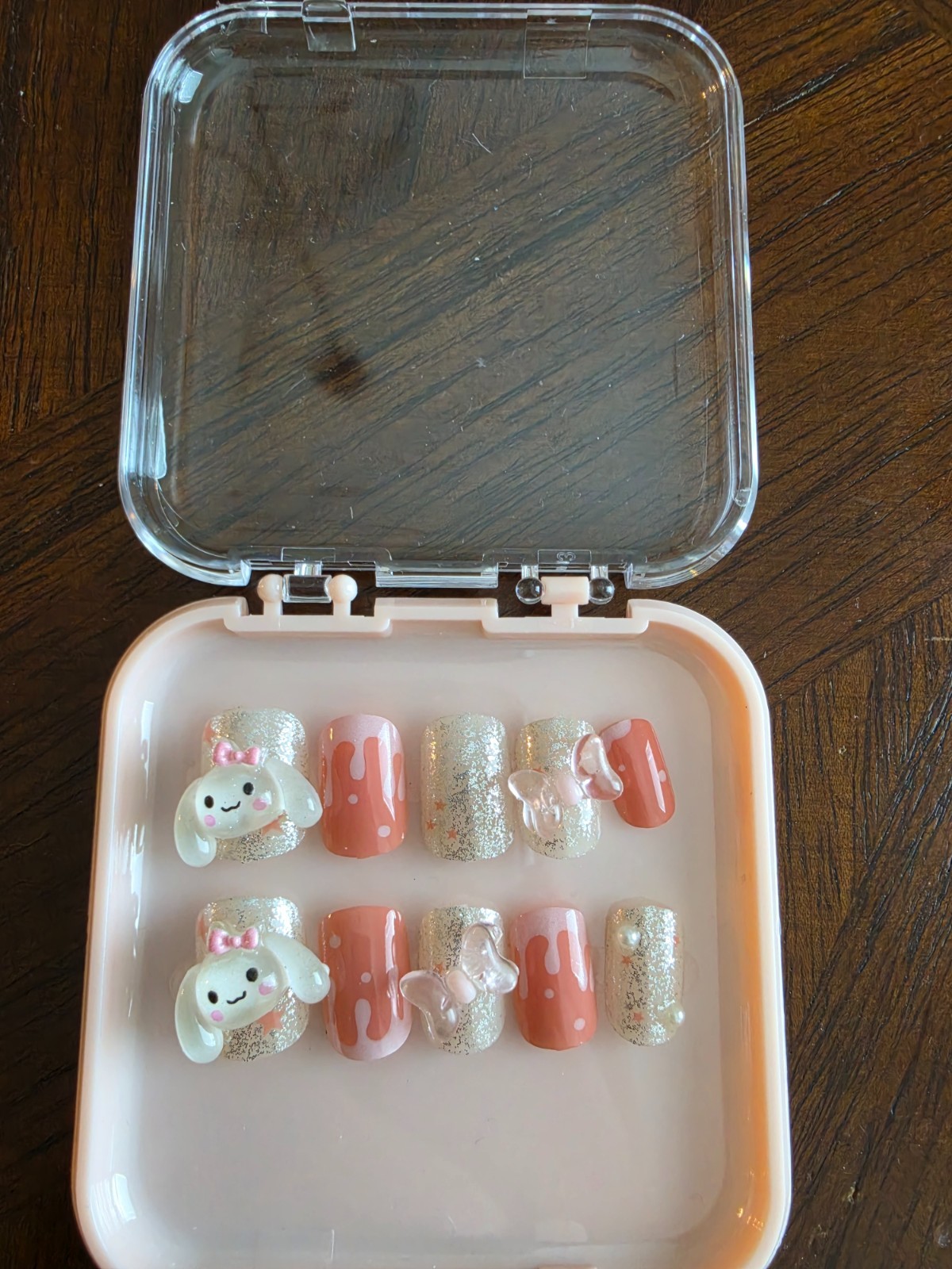 Coquette Bunny Press-On Nails | Pink and Silver| Medium Coffin| 10-Piece Set