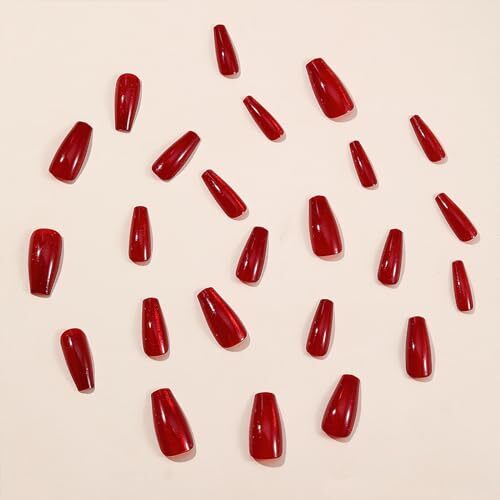 Wine Red Press on Nails Long Square Coffin Fake Nails Glossy Red 3-Red Cat Eye