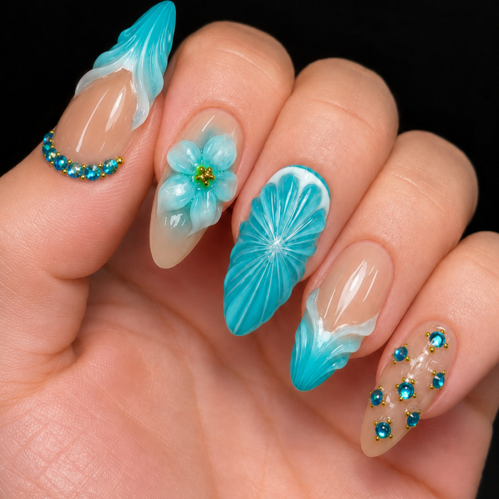 Handmade Nude Turquoise Floral Press On Nails 3D Rhinestone Set