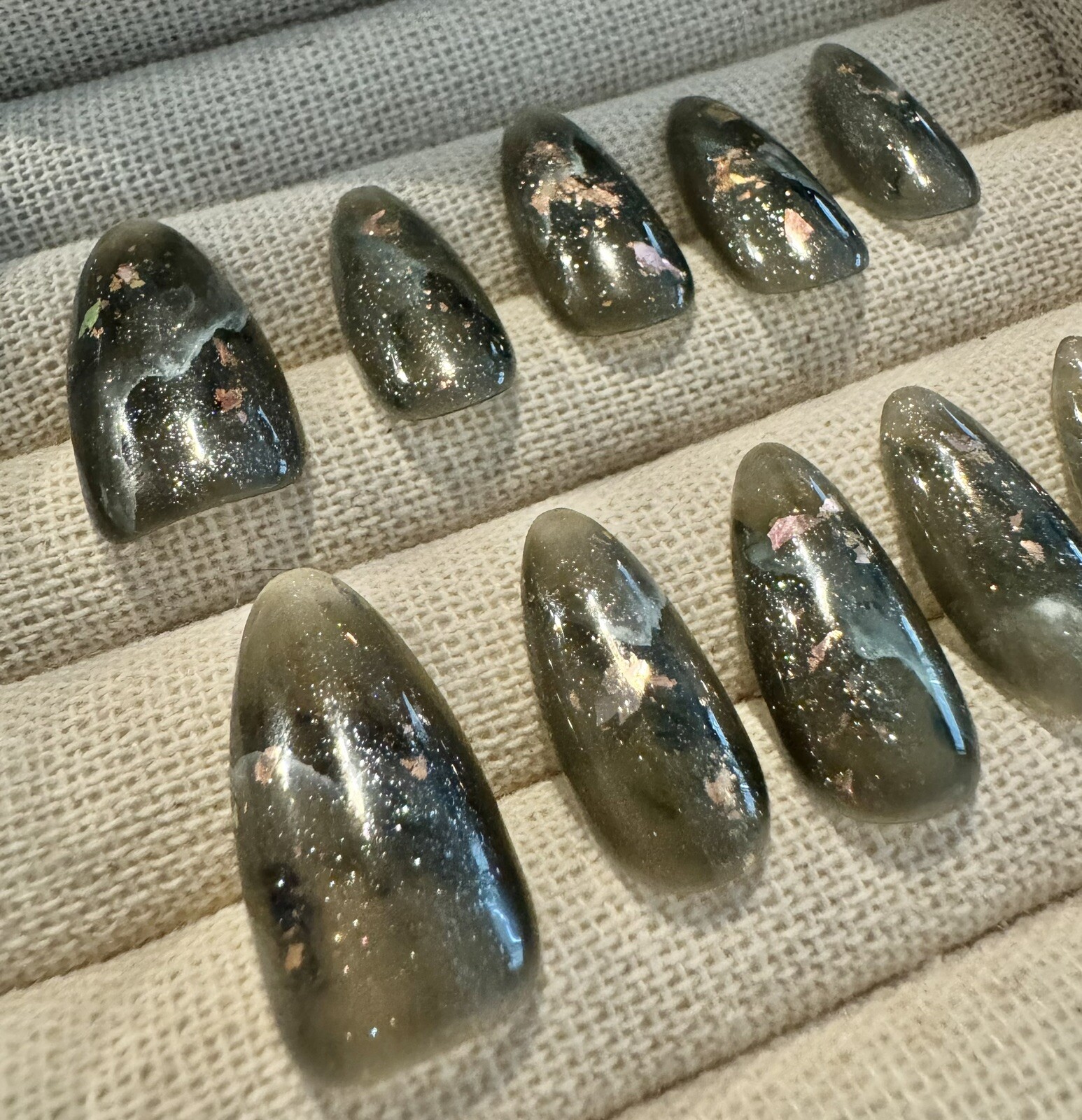 Salon Quality Gel press on nails Shining Black Grey smudge 24mm Hand Made Size S