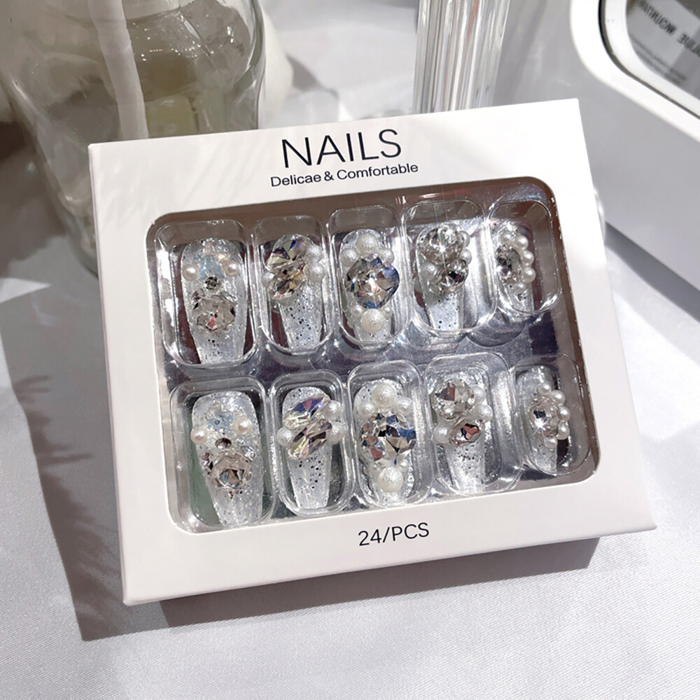 Diamonds Press on Nail Pearl Glitter Sparkling False Nail Tips Sliver Nail Patch