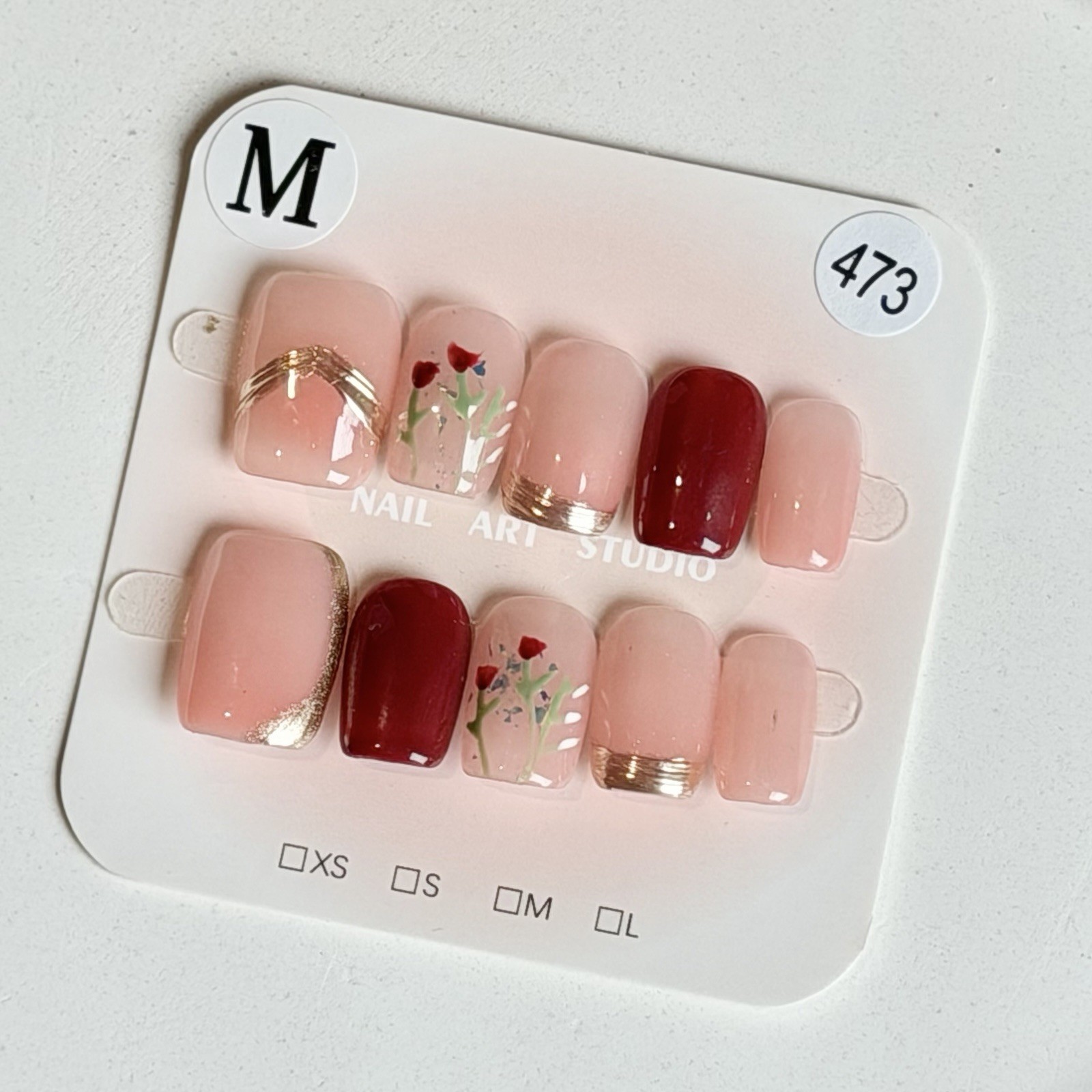 Handmade Pink Red Flower AB Press-On Nails Short Square Size M Reusable 473