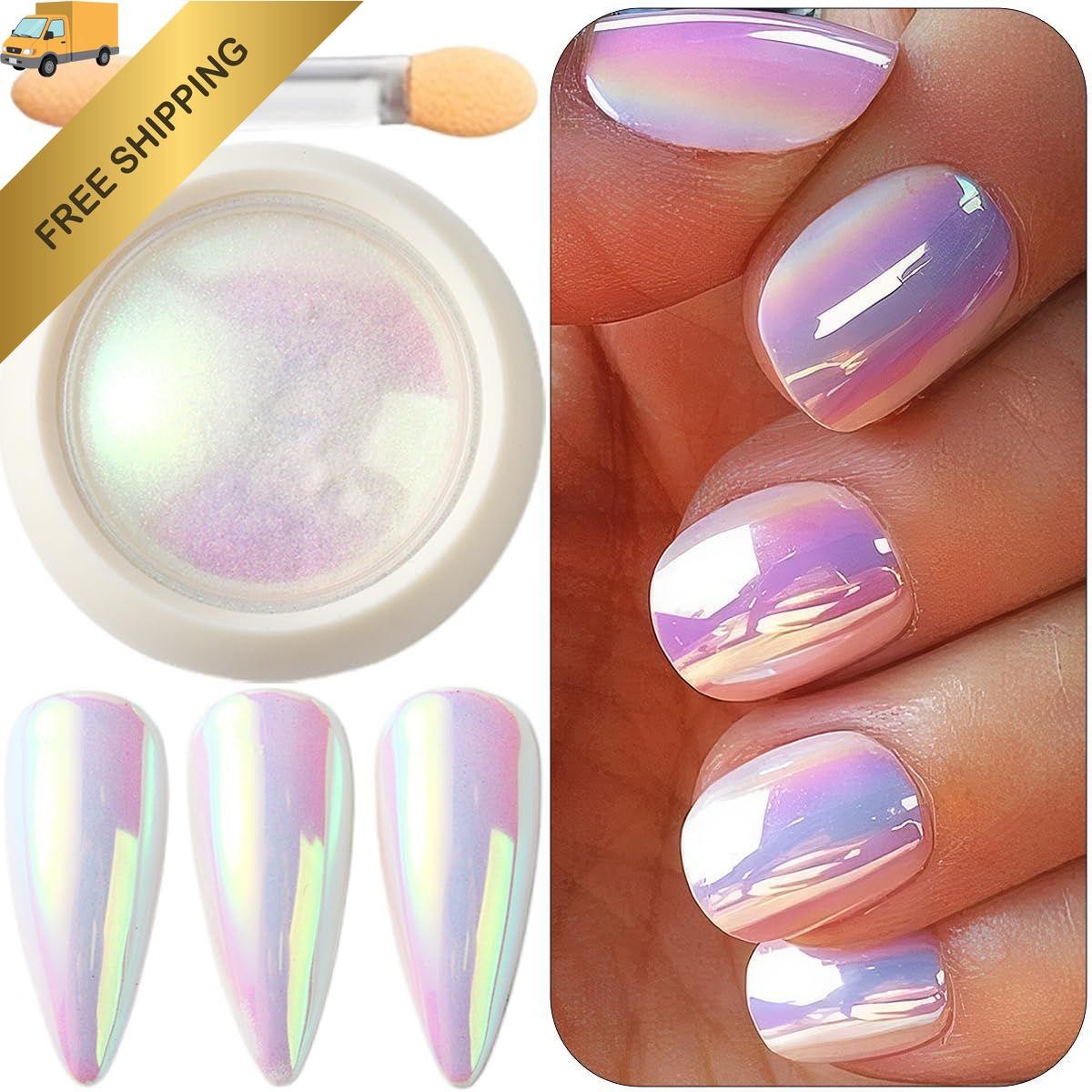 Holographic Unicorn Chrome Nail Powder, Aurora Rainbow Neon Pigment Pink
