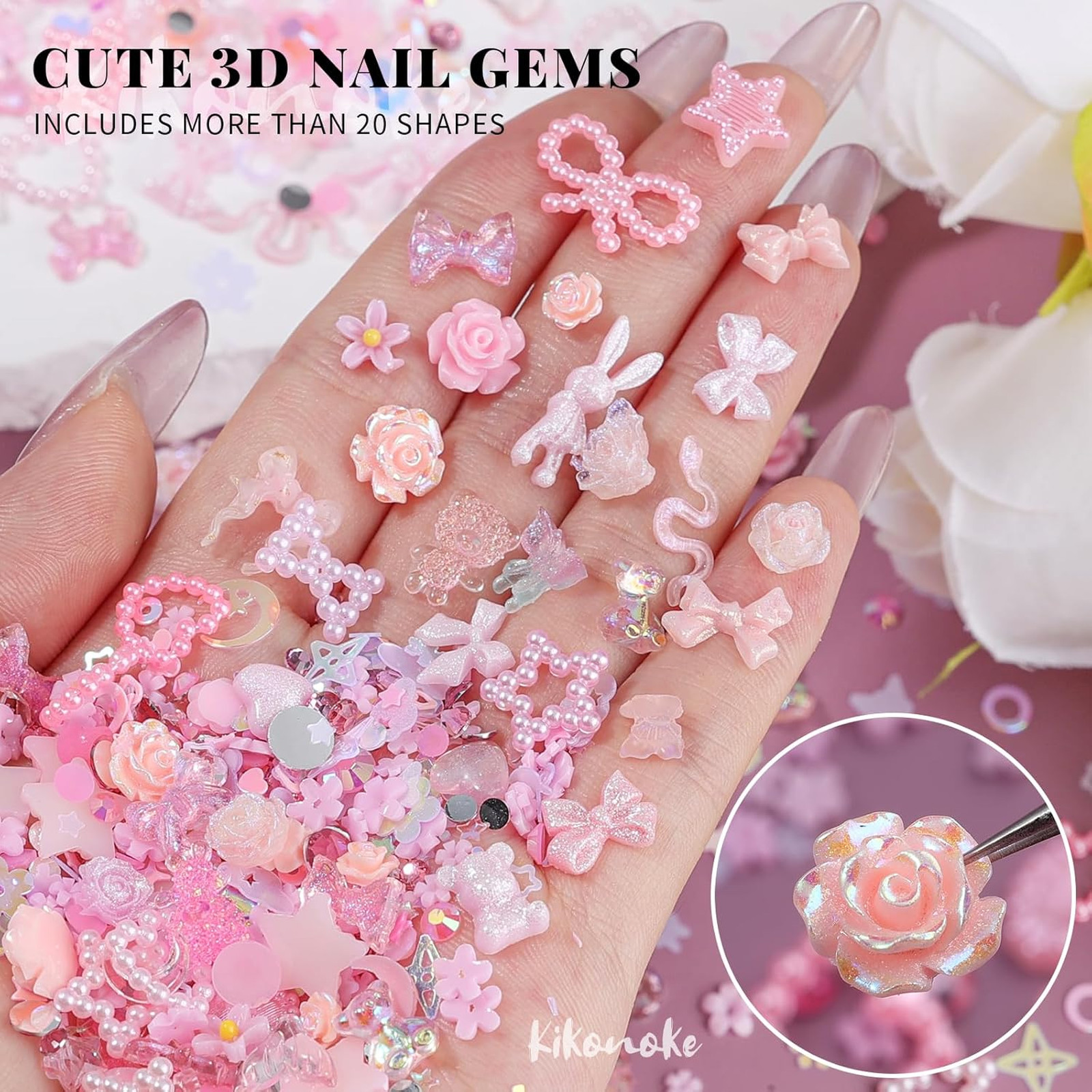 Pink Nail Charms Kit 3D Nail Gems Rhinestones Flatback Pearls Mixed Shapes for