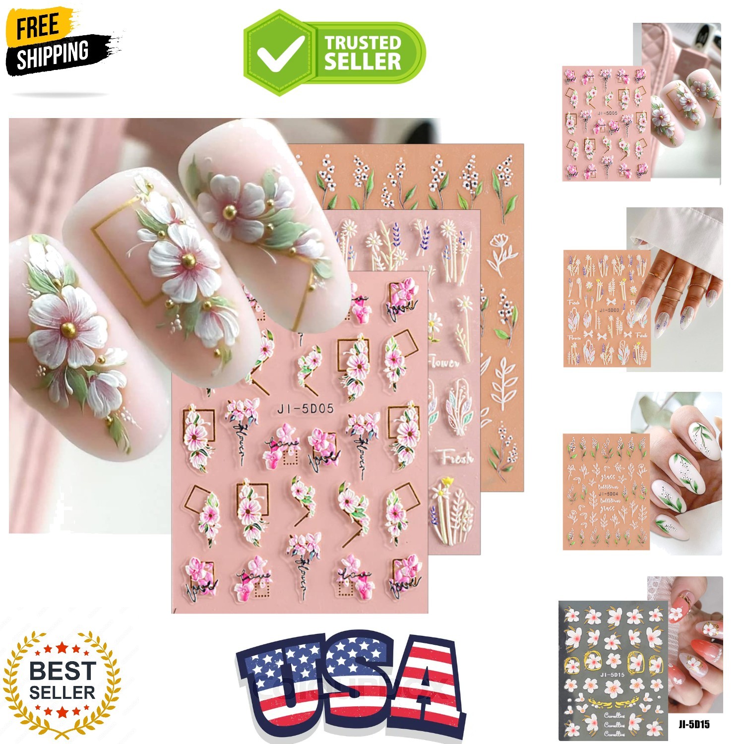 3D Embossed Flower & Leaves Nail Art Stickers Set – 4 Self-Adhesive Sheets