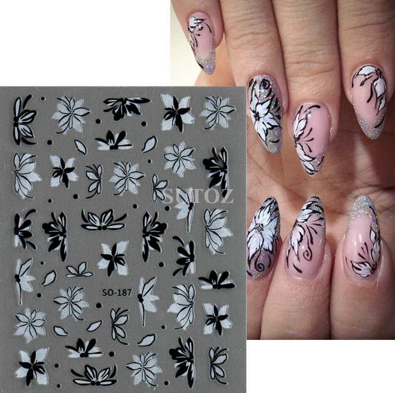 Silver Black 3D Nail Stickers Butterfly Knot Star Flower Transfer Decals NH6