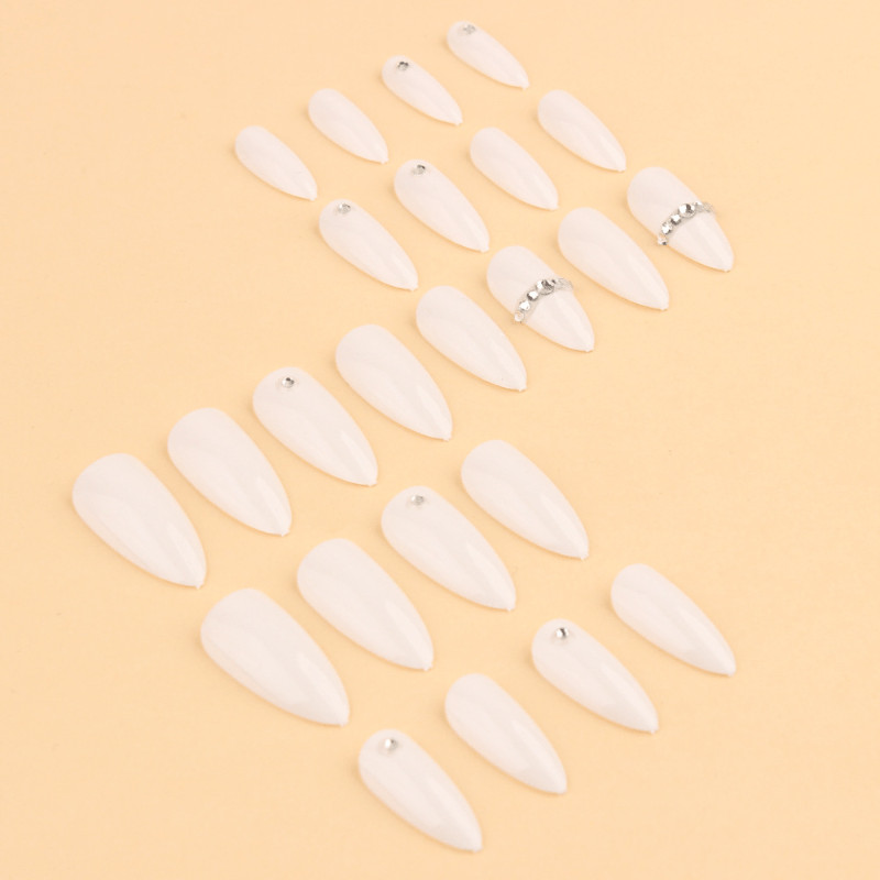 48pcs Almond Press on Nails, Milky White Chain Rhinestone Minimal Gloss Nails