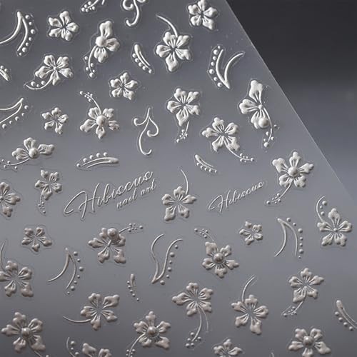 White Hibiscus Flower Nail Stickers 5D Embossed Self-Adhesive Floral Pearl