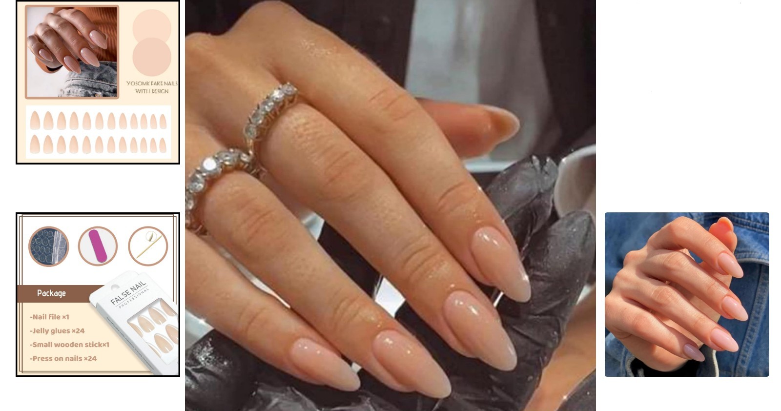 Almond Shaped Full-Cover Nude Fake Nails – 24 Piece Easy Application Set