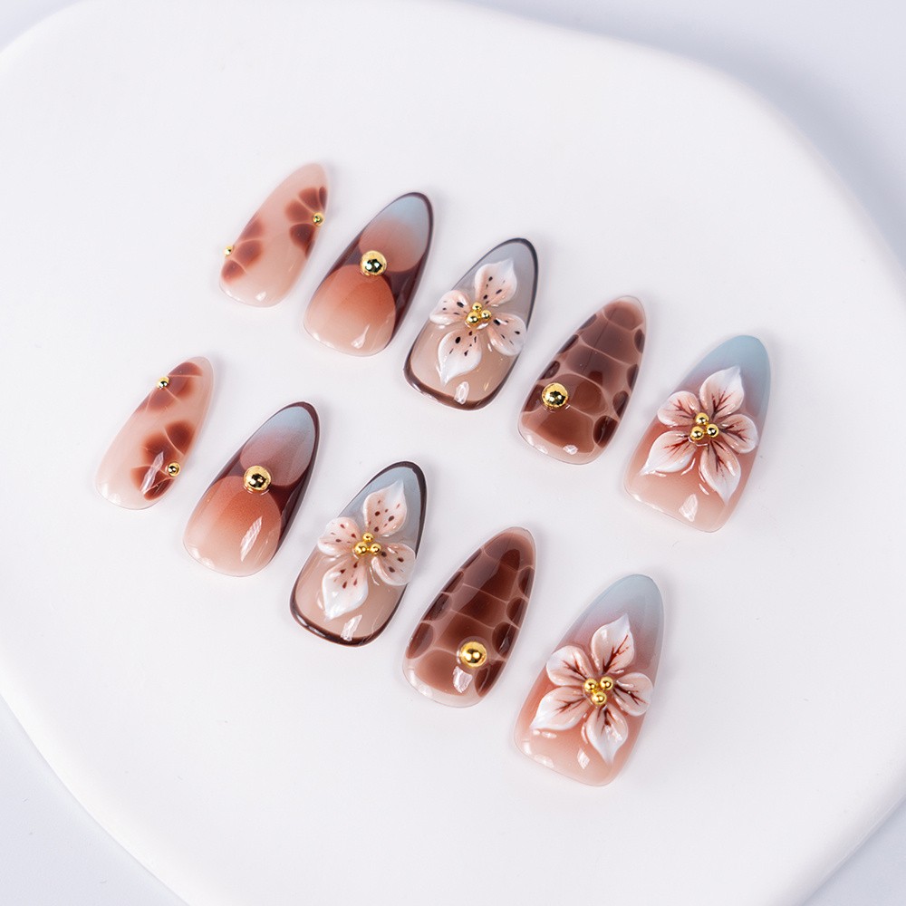 10/20PCS Handmade Almond Shape Press On Nails Gradient Floral Fake Nails S-L