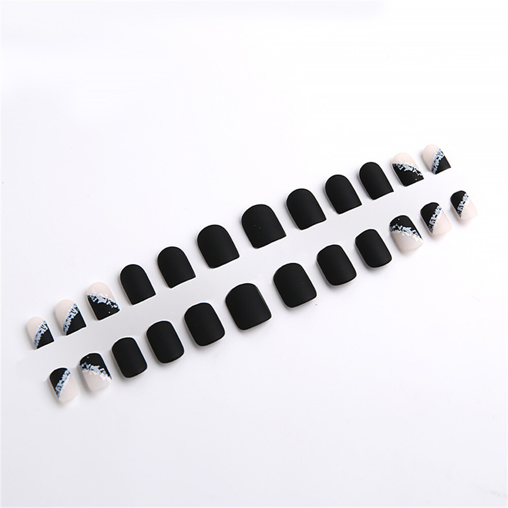 Square Short False Nail Matte Black French Press on Nails for Nail Art 24pcs
