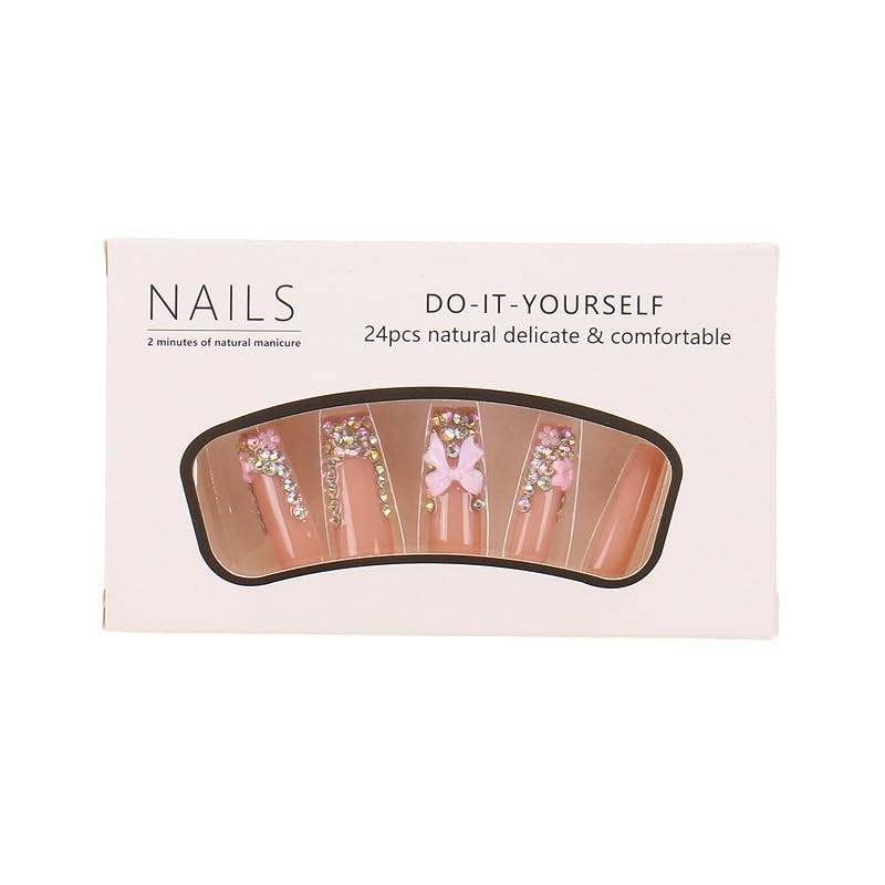 Press Nails Coffin French Tips with Design 3D Bow Flower Long Style-11