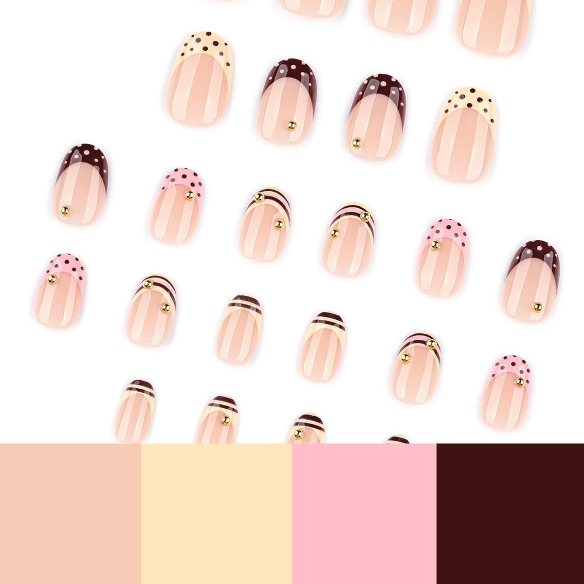 24Pcs French Tip Press On Nails Short Oval Fake Nails with Striped & Polka Do…