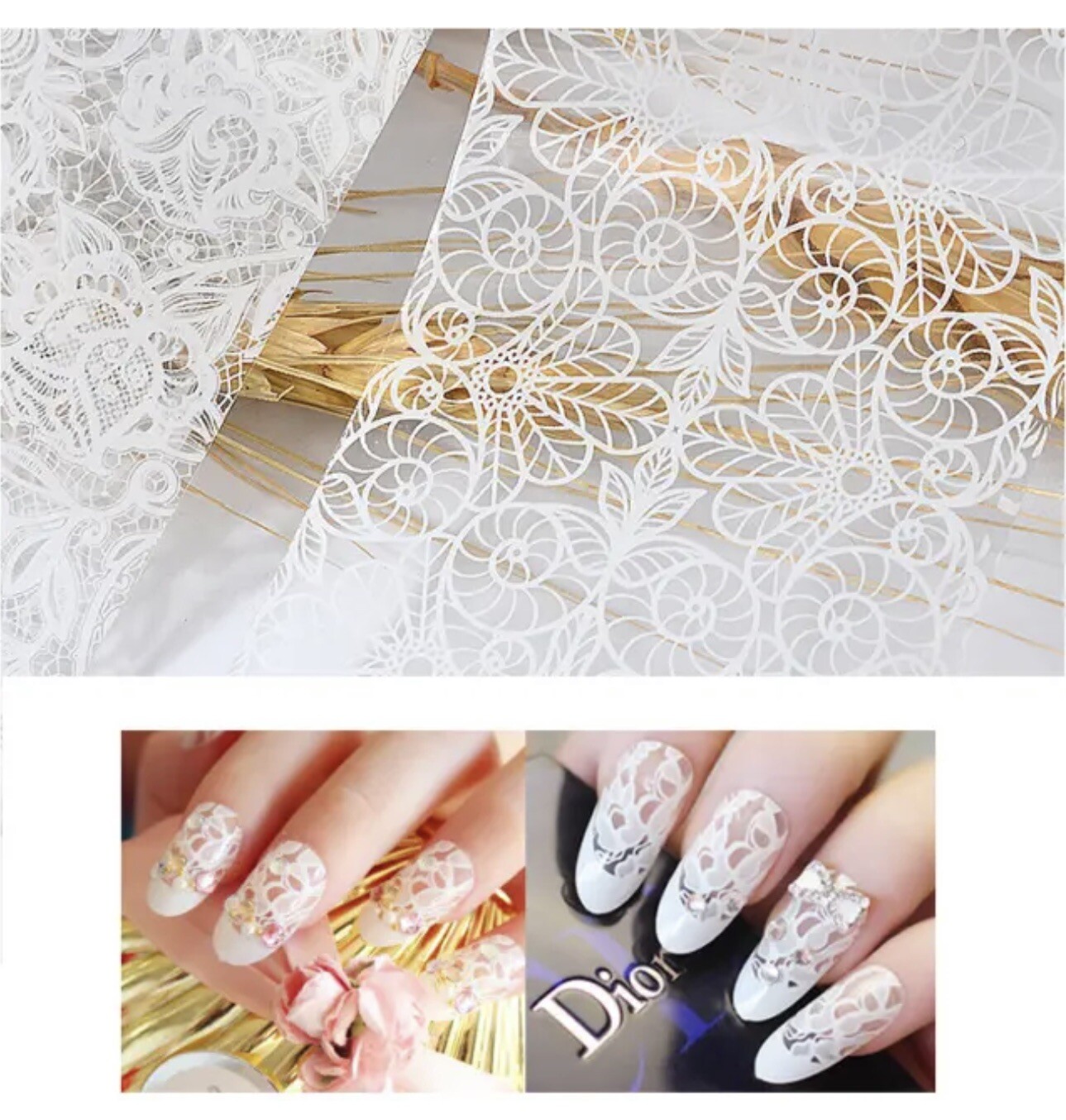 10Pcs Black White Flower Lace Foils Nail Art Transfer Stickers Decals Tips NH8