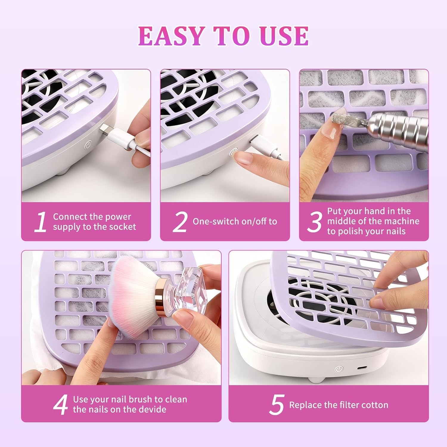 Portable Nail Dust Collector with Powerful Suction and 10 Filter Pads Included