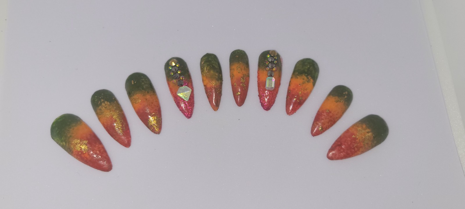 KFN ​Press On Nails| Rasta Ombre Almond Gel Glass Finish Gold Swarovski Design
