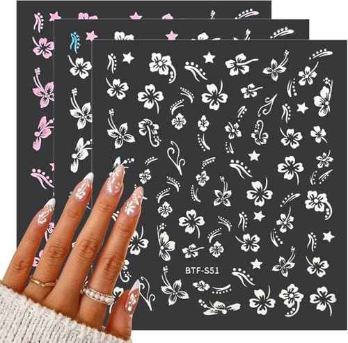 Flower Nail Stickers Hibiscus Nail Decals White Pink Golden Clear 5 Sheets