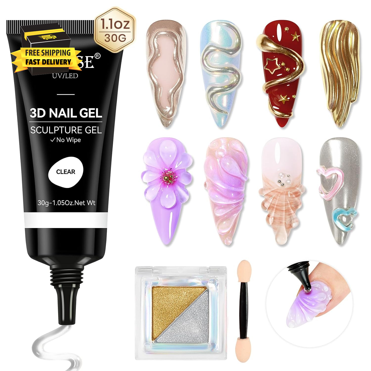 3D Nail Gel 30G Clear 3D Nail Art 3D Sculpting Gel with Chrome Powder for Nail A