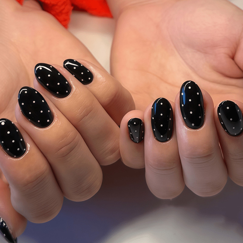 48pcs Oval Press On Nails, Solid Black Base with White Polka Dots, Glossy