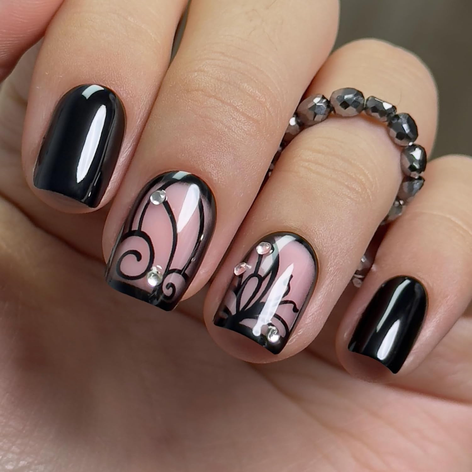 Black Press on Nails Short Square, Rhinestone Swirl Design Soft Gel Acrylic Stic