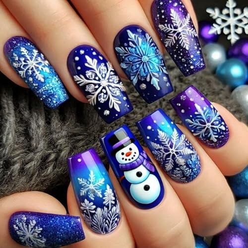 Christmas Press on Nails Medium Coffin Fake Nails Blue Purple Gradient Style 5