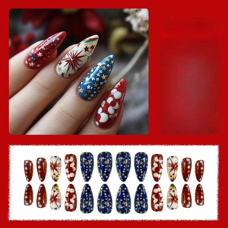 48pcs-4th of July Press on Nails, Long Almond with Star&Firework Designs, Glossy