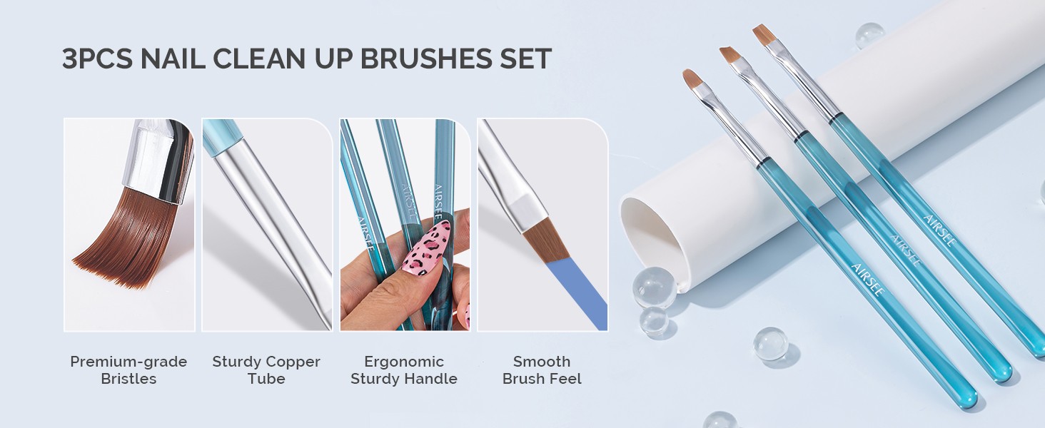 Nail Art Clean Up Brushes, 3 PCS Flat/Oval/Fine Angled Gel Nail Brush for