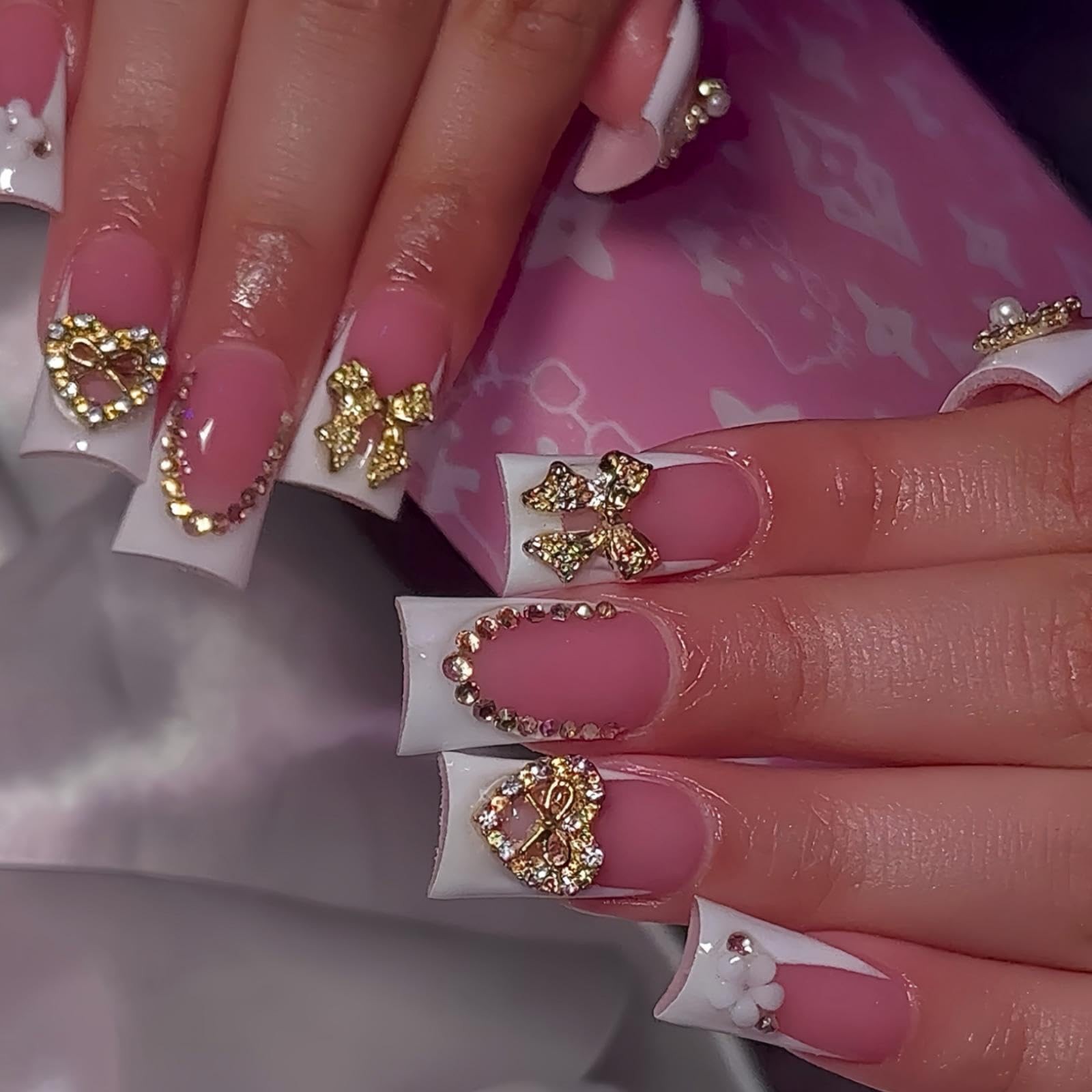 White French Tips Press on Nails Medium Duck False Nails with Gold Heart Bow …