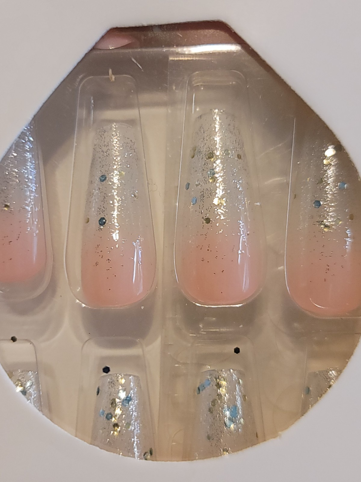 LONG Coffin Pink Sparkle Ombre Nails 24 Pcs