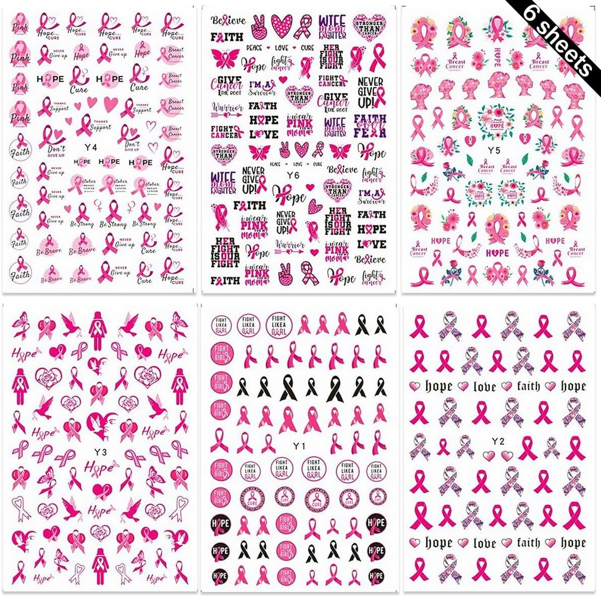 6 Sheets Breast Cancer Nail Art Stickers – 3D Self-Adhesive Heart Letter Nail