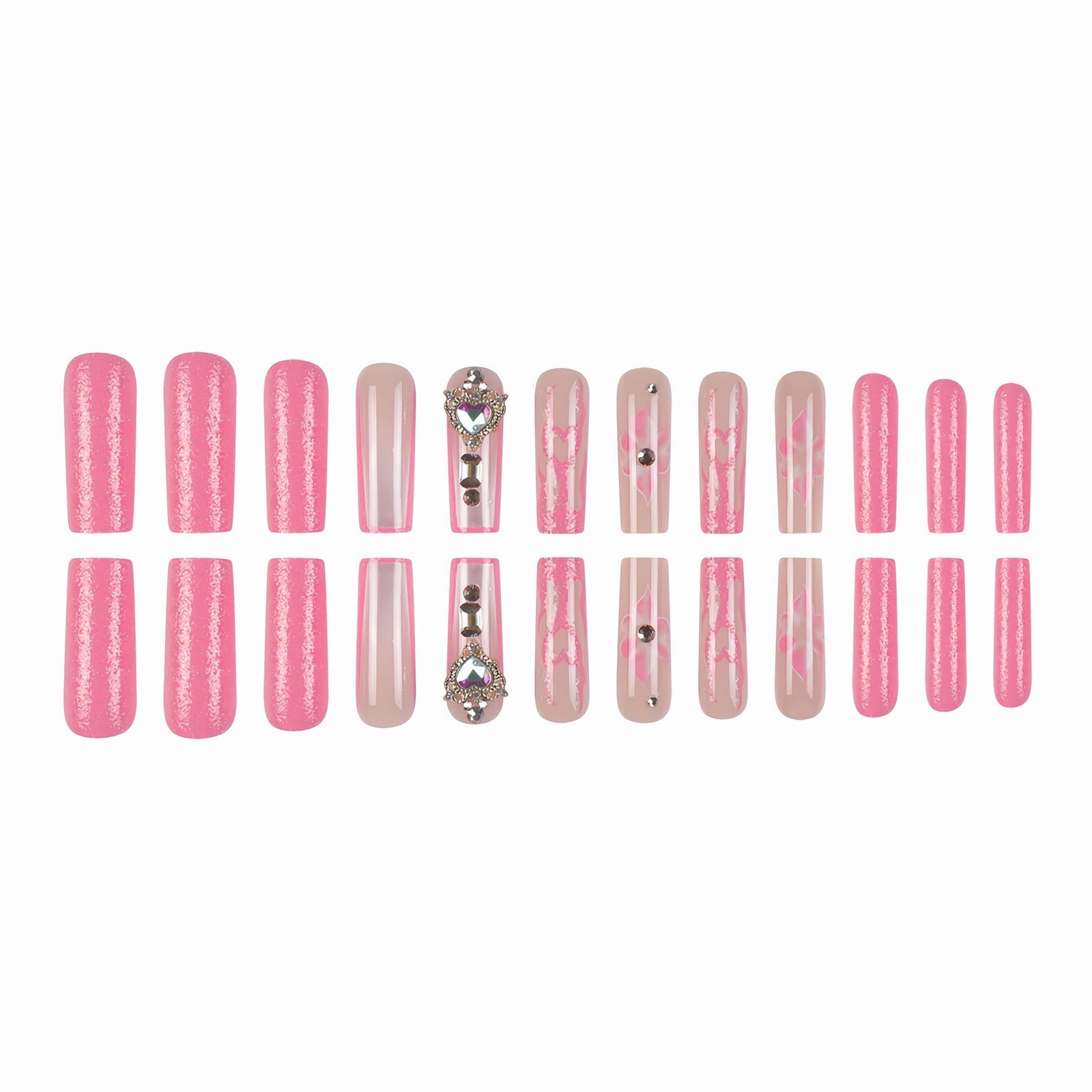 Press on Nails Long Square Fake nails Pink Glitter Glue on with heart Charm L…