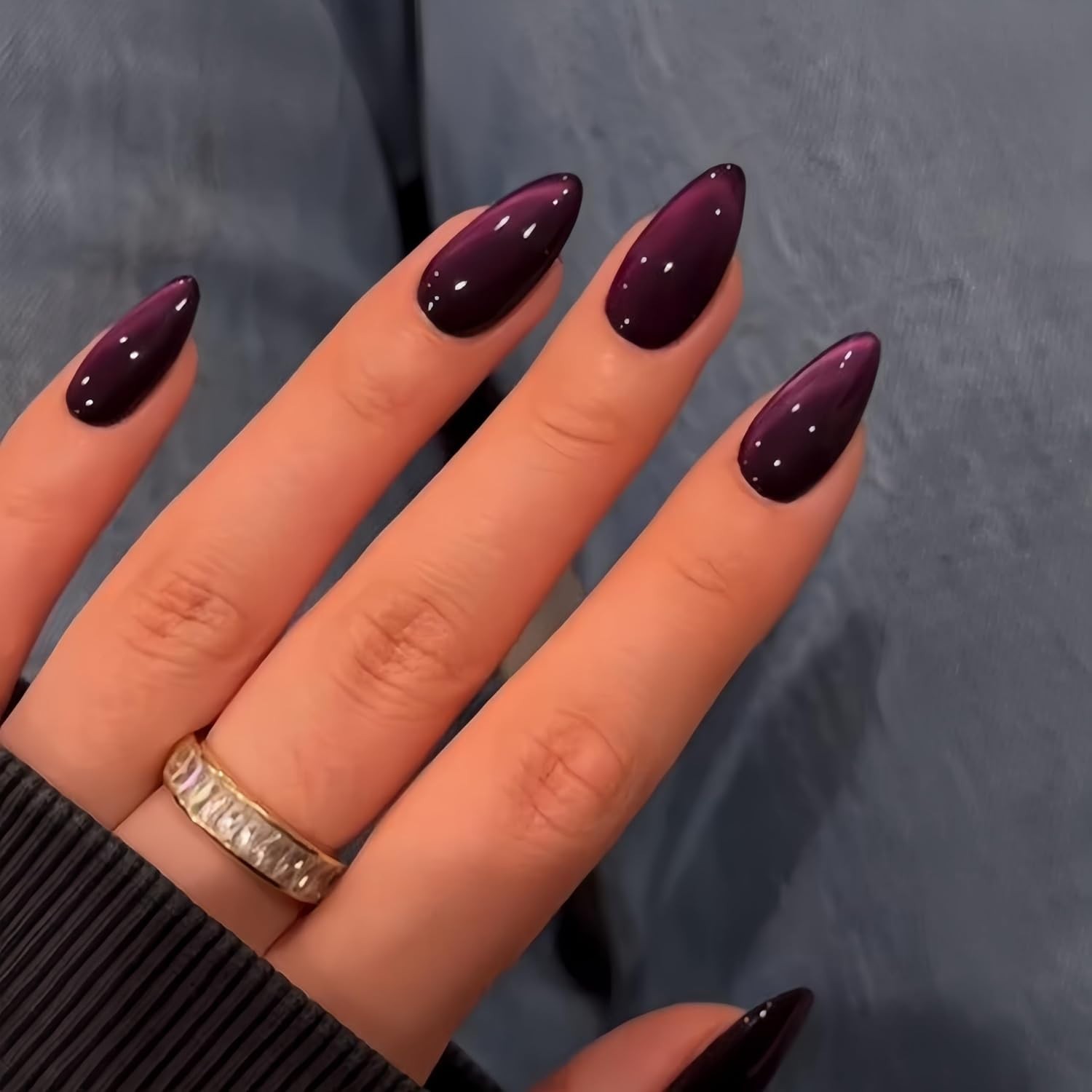KQueenest Purple Cat Eye Press on Nails Almond Shape, 30 Pcs Black Glitter Fake