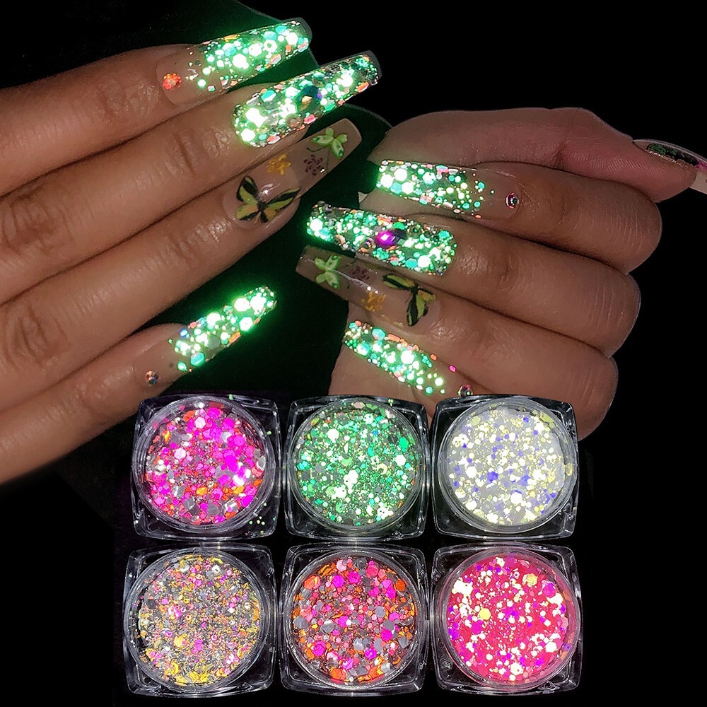 6 Color Set Mix Glitter Nail Sequins Powder Flakes Manicure In The Dark Effect