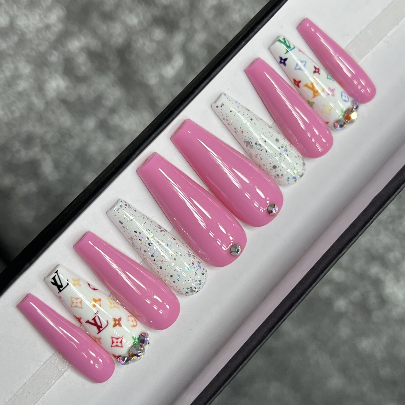 🌸 CUSTOM Luxury Gel Press Ons, PINK Long Coffin, 10p Set With FULL KIT
