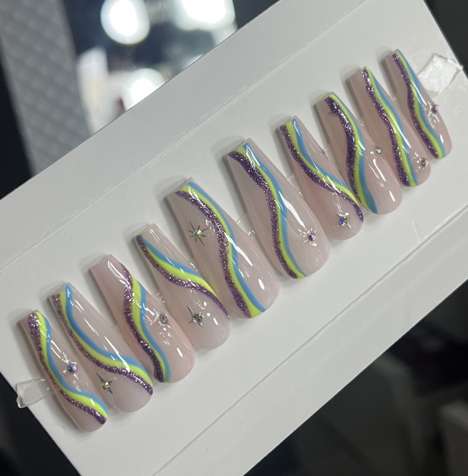 🔥CUSTOM Gel Press On False Nails, Nude W/ Bling ,Long Coffin,10p Mediun NEW
