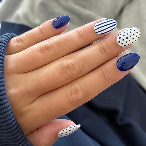 Blue Polka Dot Press On Nails Almond Short Fake Nails Glossy short-designs8