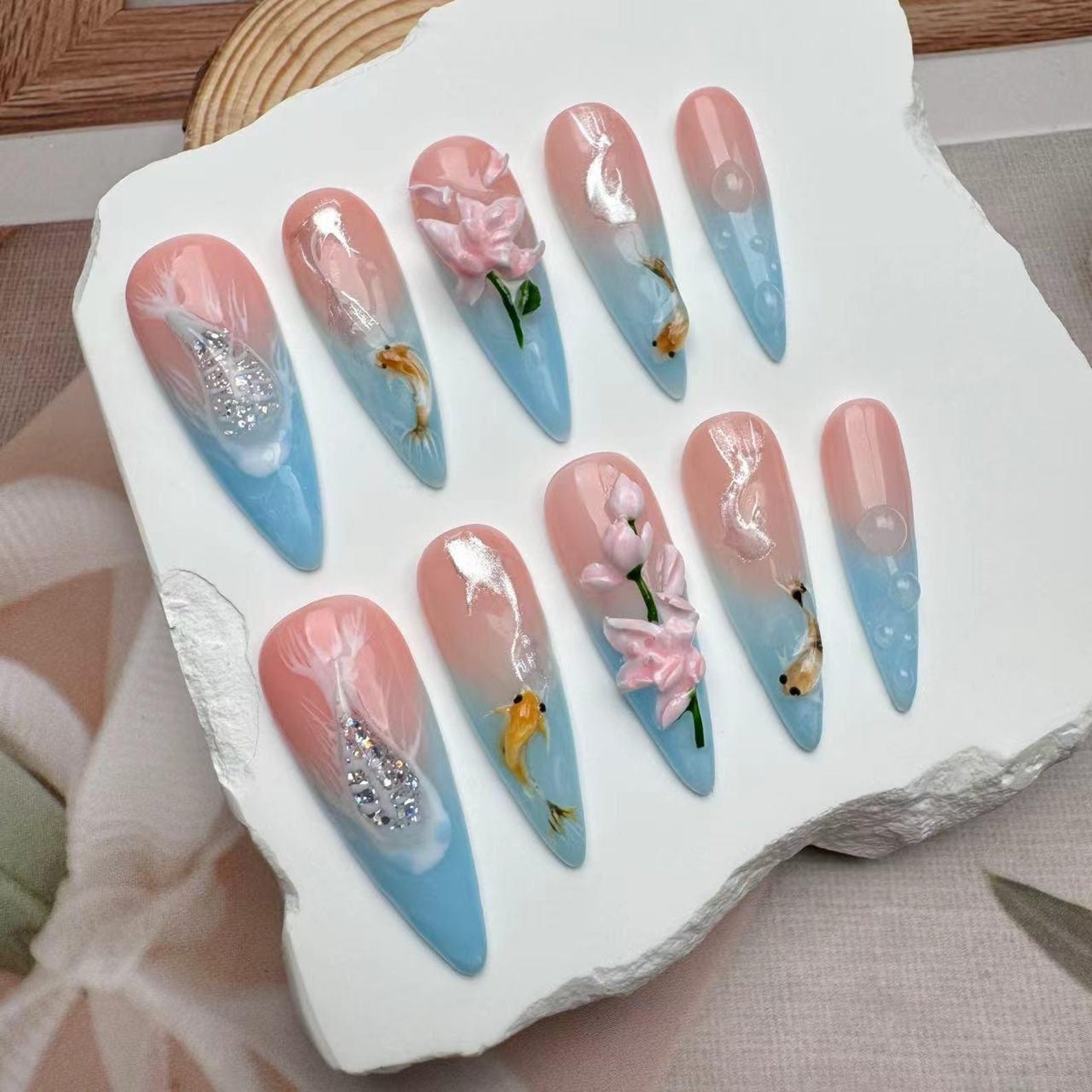 Handmade Pink Blue Gradient Goldfish Lotus Bubble Long Stiletto Press on Nails