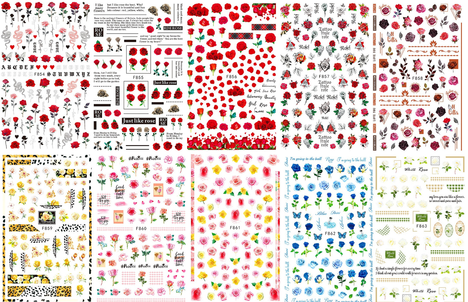 3D Nail Stickers Decals Valentine Red Blue Pink Rose Flower Love Decoration NS3