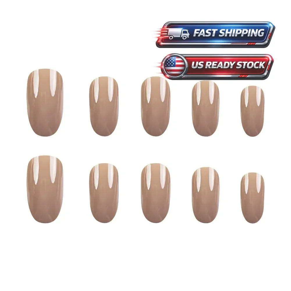 Short Oval Press on Nails Nude Pink Fake Nails with Glossy Design Petite Glue