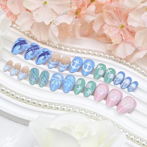 24Pcs Cute Summer Press on Nails – Short Almond French Tip – 3D Ocean-22