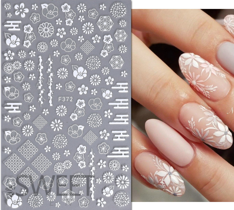 4Pcs Set 3D Nail Stickers White Flowers Adhesive Nail Art Decals Manicure NS44