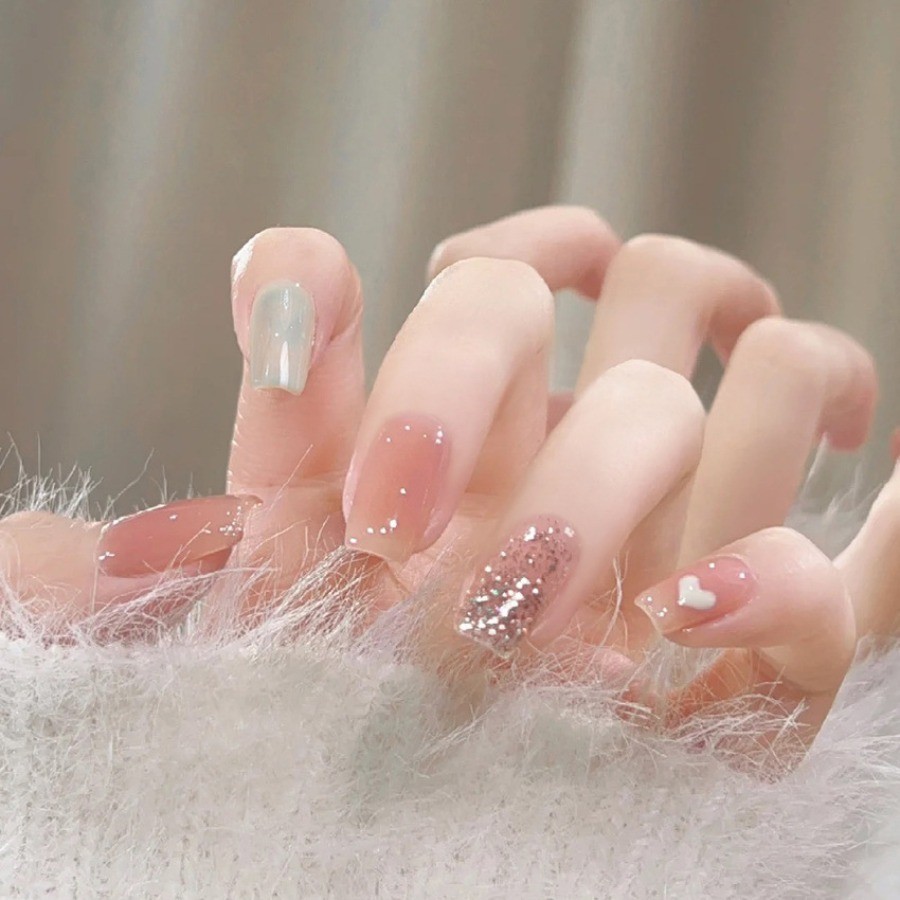 Press Nail-Bare Pink Mint Green, Medium Short Square Fake Nails, 48 Piece Set