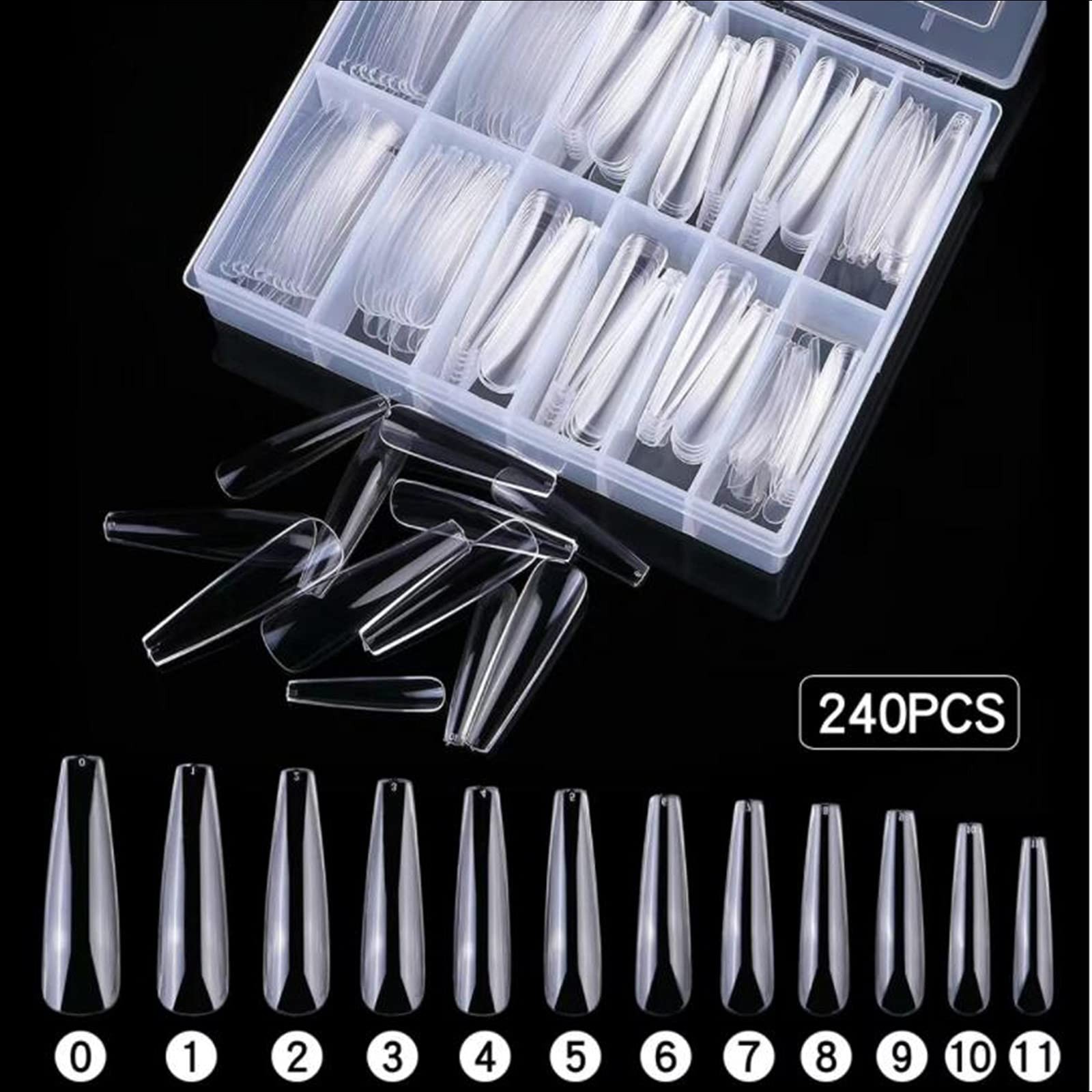 XL Coffin Acrylic Nail Tips, 240pc Ballerina Shaped, Full Cover Artificial Fi…